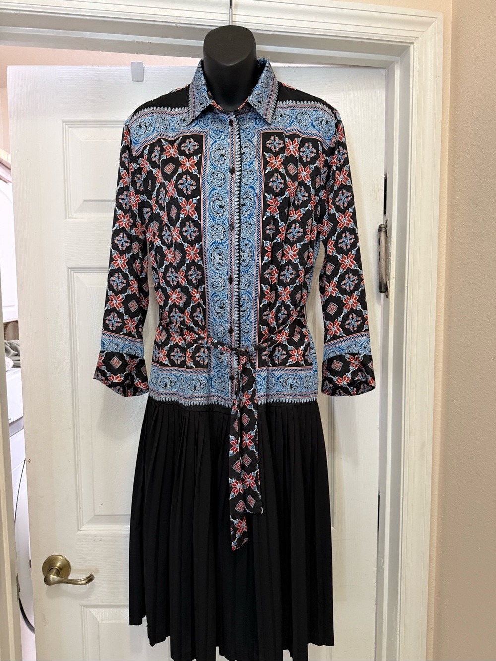 Sandro Black Midi Dress with Blue and Red Floral Print